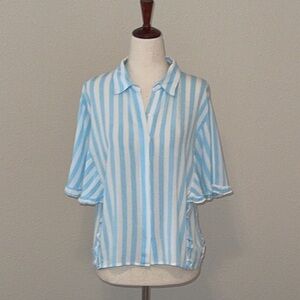 Love Fire Blue Striped Button Down Ruffle Detail Blouse Sz. MD.